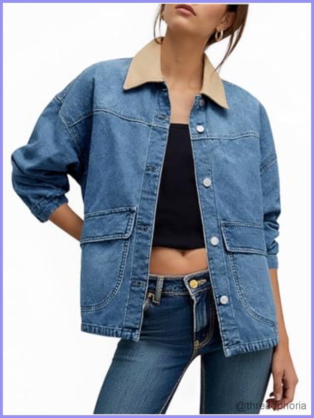 Oversized Denim Jacket Contrast Canvas Collar Button Down Jean